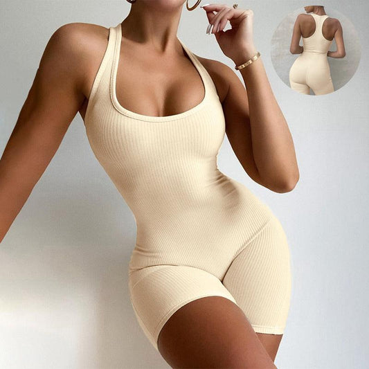 Sleeveless Backless Jumpsuit Colid Color Fitness Sports Yoga Leggings Shorts Bodysuits Women Slim Yoga One Piece Rompers - SnugTi